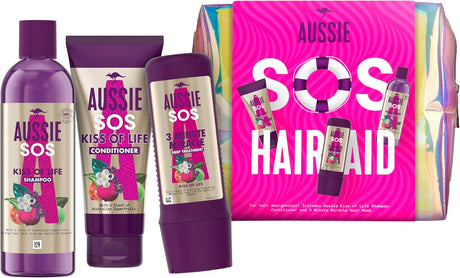 Aussie SOS Gift Bag, Womens Gift Set - Kiss of Life Shampoo and Conditioner Set + 3 Minute Miracle Hair Mask, Hair Care Gift Set with Make Up Bag for Dry, Dull or Damaged Hair 225ml/200ml/290ml.