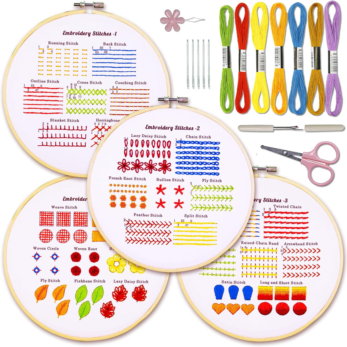 Bradove 4 Sets Embroidery Stitch Practice Kit for Beginners Adults Kids, Beginners Embroidery Kits with Video Tutorials and Detailed Instructions Include Hoop, Fabrics with Patterns, Floss, Thread.