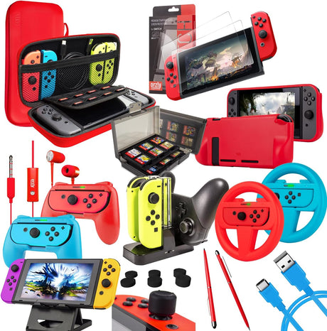 Orzly Accessory Bundle Kit designed for Nintendo switch Accessories Geeks and Oled console users Case and Screen protector, Joycon grips and Wheels for enhanced games play and more - Jet black.