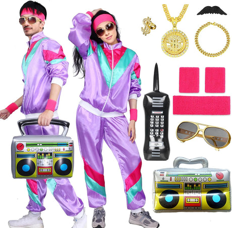 Amycute 80s Shell Suit Costume Men Women Retro Tracksuit 1980s Fancy Dress Halloween Costumes for Adults.