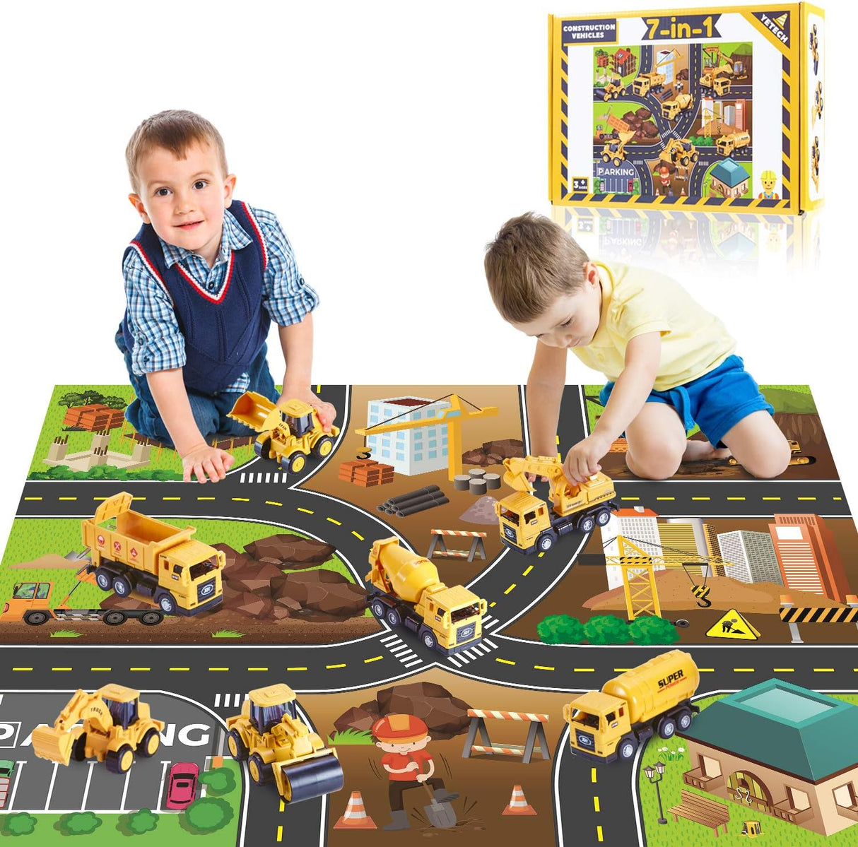 Yetech 7-1n-1 Construction Vehicles Toys Set with Play Mat - 7 Sturdy Engineering Trucks Toys, 27.6 * 31.5inches Play Mat, Christmas Birthday Gift for Toddlers Boys 3 4 5 6 7 Years Old.