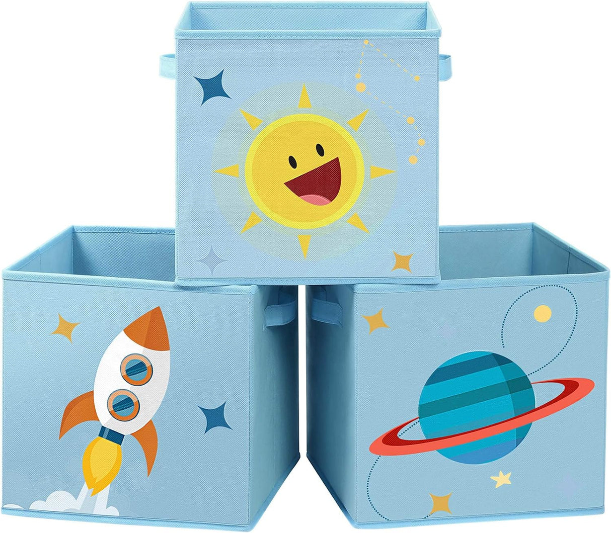 SONGMICS Storage Boxes, Set of 3, Toy Organiser Boxes, Foldable Storage Cubes with Two Handles, for Kid’s Room, Playroom, Bedroom, 30 x 30 x 30 cm, Space Theme, Blue RFB001B03.