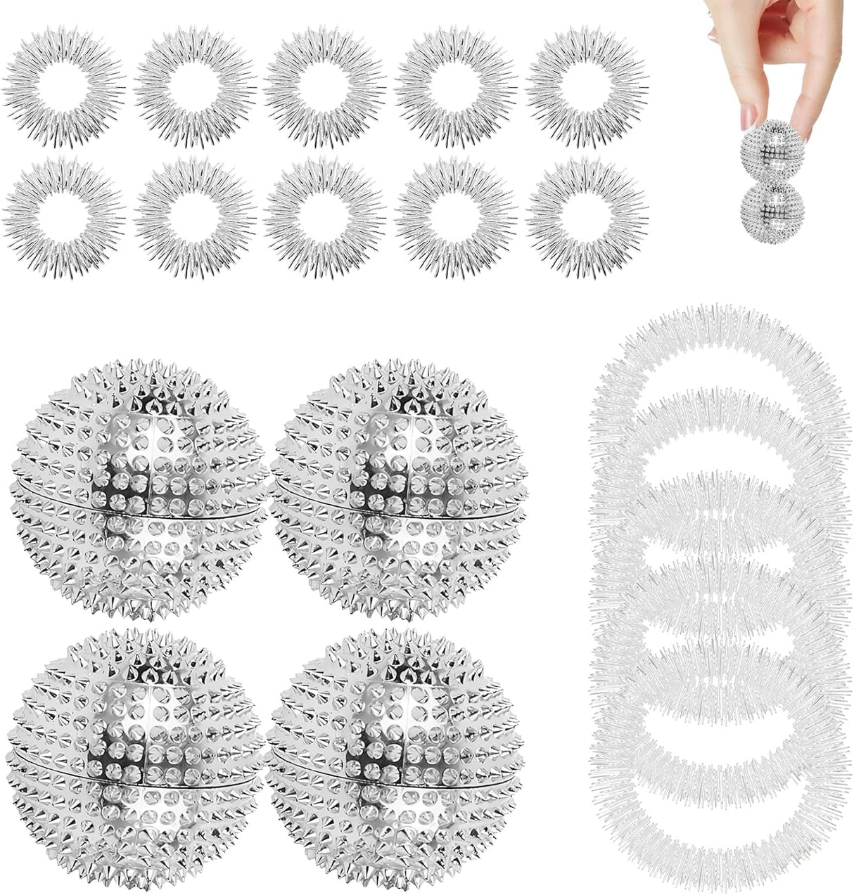 4 Pcs Massage Ball Set with 10 Massage Ring & 5 Massage Bracelet, Spiky Massage Ball, Acupressure Ball for Stress Relief Tight Muscles (Silver).