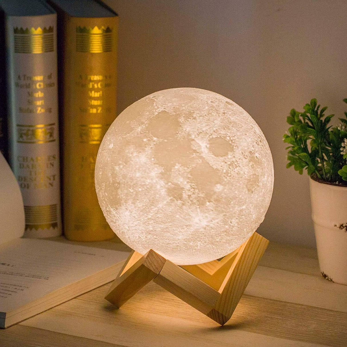 Methun 3D Moon Lamp with 5.9 Inch Wooden Base - Mother's Day LED Night Light, Mood Lighting with Touch Control Brightness for Home Décor, Bedroom, Gifts for Women Kids Birthday - White & Yellow