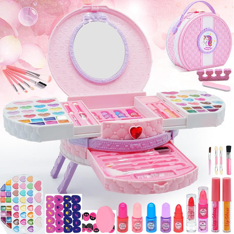 Kids Makeup Sets for Girls - 66 PCS Dresser Vanity Case Make Up Set for Girls Childrens Toddler, Washable and Safe Pretend Play Games Toys Makeup kids, Christmas Birthday Presents for 3+ Year Old Girl.