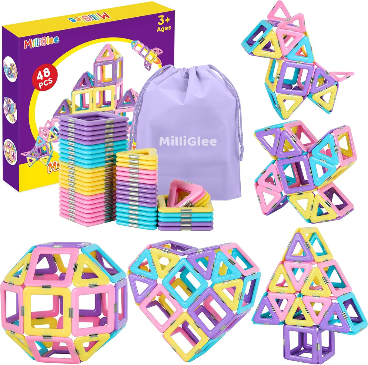 MilliGlee Magnetic Building Blocks - 48PCS Magnetic Blocks with Storage Bag Magnets for Kids Magnetic Toys Magnetic Tiles for Kids for 3 4 5 6 7 8-12 Year Old Girls Boys Toddler Toys.