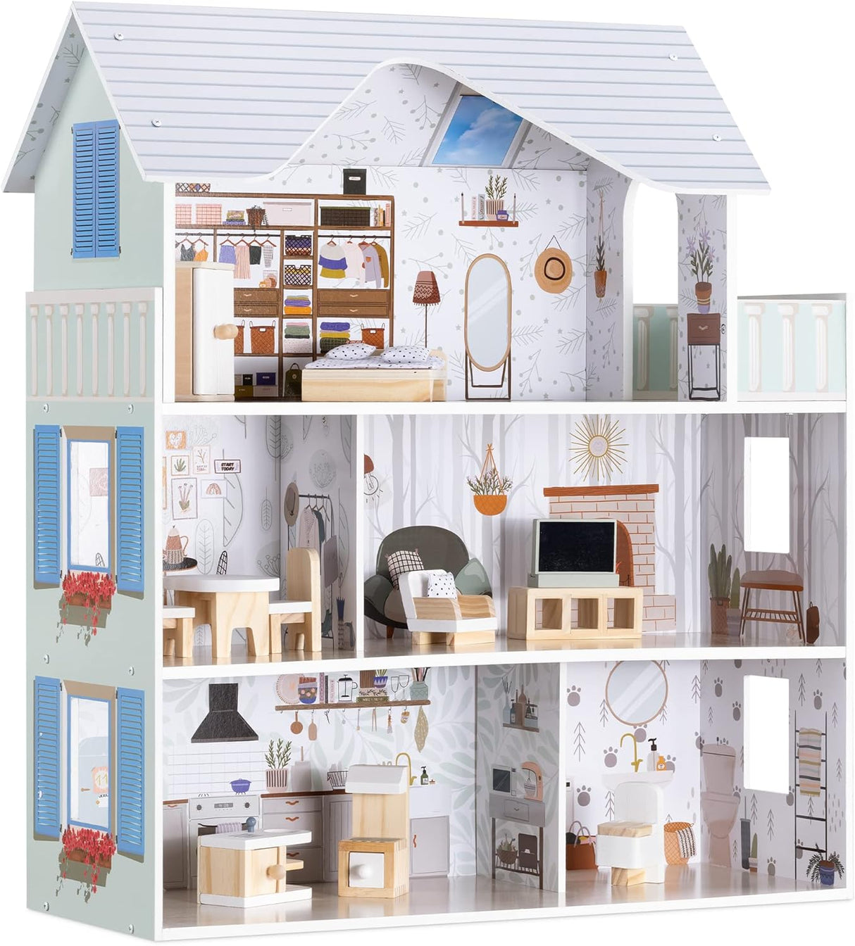 Navaris Dollhouse - 3 Storey Wood with Furniture & Soft Accessories - 5 Rooms, Balcony - 69.5 x 62 x 27cm.