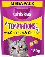 WHISKAS Temptations - Tasty, Crunchy Treats for Adult Cats, Small Bite Size Snacks with a Delicious Chicken and Cheese Filling, 4 x 180 g Packets - Pack May Vary