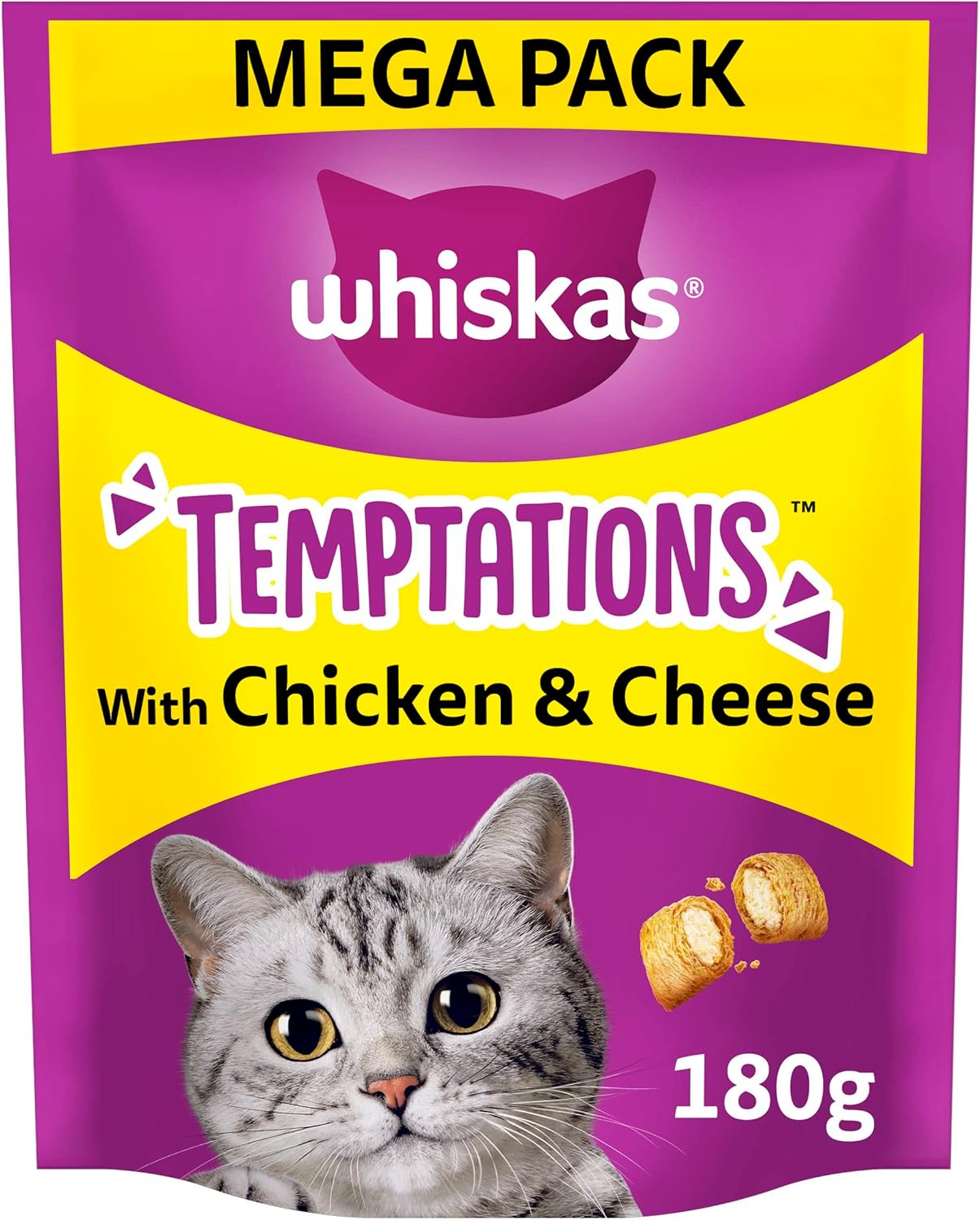 Whiskas Temptations 8 Packets, Tasty, Crunchy Treats for Adult Cats, bite size Snacks with a delicious Chicken & Cheese Filling, Pack of 8 (8 x 60 g)