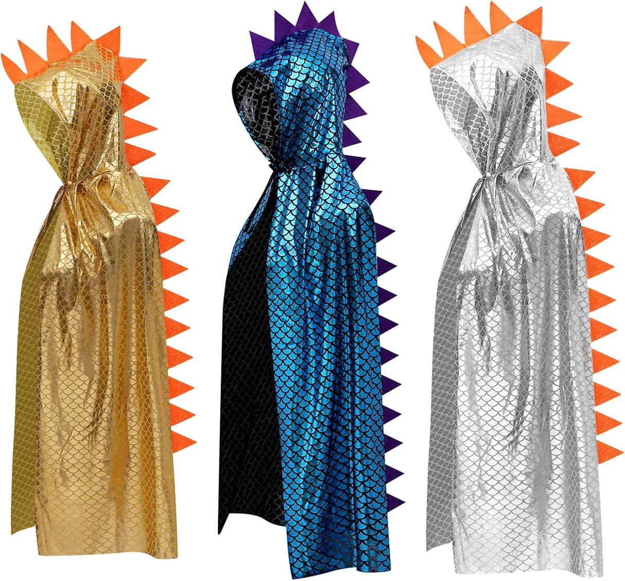 XINCHIA Kids Halloween Metallic Spike Cape Hooded Scale Cloak Dragon Dinosaur Medieval Accessory for Dress Up Pretend Play Fantasy Robe,Birthday,Cosplay Theme Party Costume Gold/Blue/Silver.