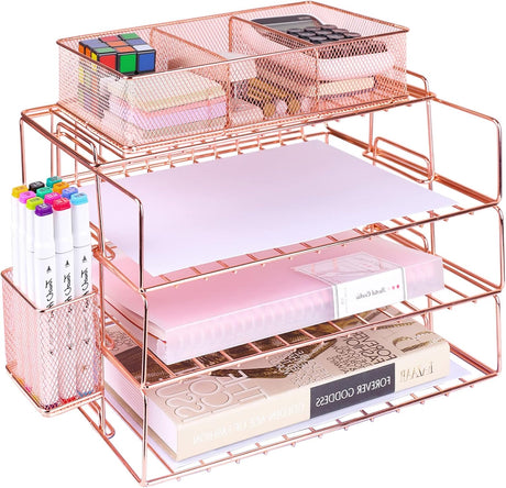 Restorgan Mesh Desk Organizer with File Holder 5-Tier Paper Letter Tray Organizer with Magazine Holder Desktop Organizer and Storage with Upright Sections for Office Supplies Home or School (Black).