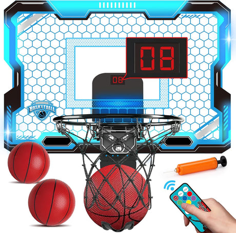 Indoor Basketball Hoop for Kids with 7 Colors LED Lights Wall Mounted Mini Basketball Hoop Remote Control Electronic Scoreboard Outdoor Sport Games Toy Gift for Boys Girls Age 3 4 5 6 7 8 9 10 Years.