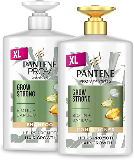 Pantene Grow Strong Shampoo and Conditioner Set, XL Hair Growth Shampoo For Dry Damaged Hair, Helps Reduce Hair Loss with Bamboo and Biotin, VALUE PACK, 2x 1L.