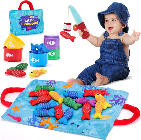 hahaland Montessori Toys for 1 Year Old, 10 in 1 Fabric Fishing Game for Kids Baby Toys for 1 2 3 Year Old Boys Girls, with Stacking Cups- Number Counting, Color Sorting, Shape Learning Baby Gifts.