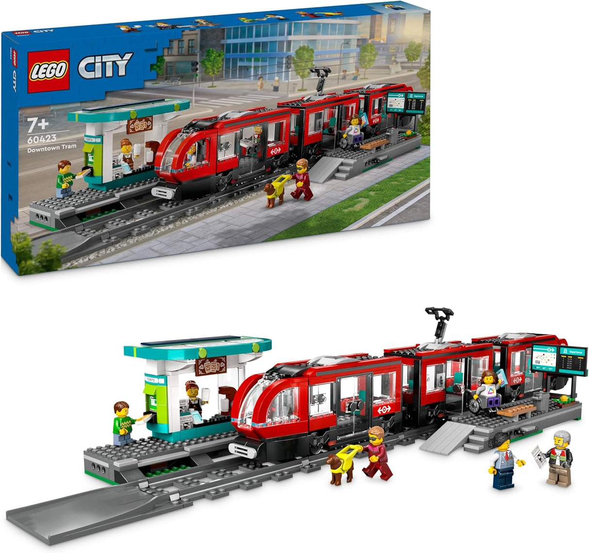 LEGO City Downtown Tram and Station Vehicle Building Toy Set for 7 Plus Year Old Kids, Boys & Girls, with 6 Minifigures and a Guide Dog Figure for Role Play, Birthday Gift Idea, 60423.