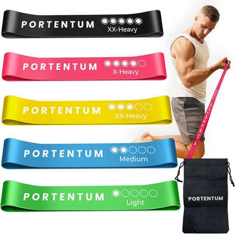 PORTENTUM Resistance Bands Set Men [Set of 5] Skin-Friendly Resistance Exercise Band Set with 5 Different Resistance Levels - Physio Bands with Case Included - Ideal for Gym, Home, Yoga, Training.