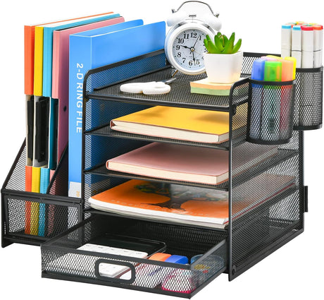 Marbrasse Desk Organiser with File Holder,5-Tier Paper Letter Tray Organiser with Drawer,2 Pen Holder, Mesh Desktop Organizer and Storage with Magazine Holder for Office Supplies (Black).