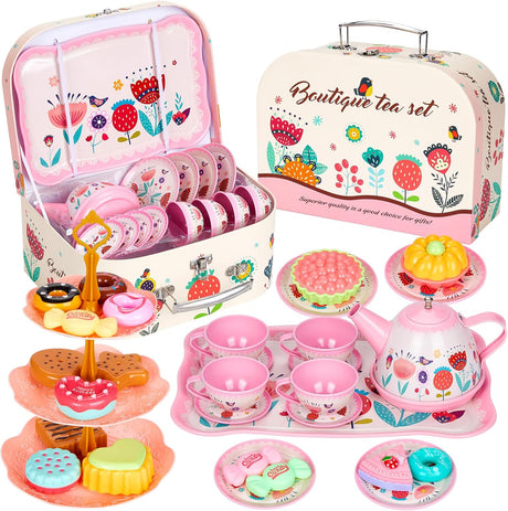 Hnyoou Tea Set for Toddlers, 33 Pcs Kids Tea Set Tea Sets for Children, Tea Party set for Children Kids with Food Dessert Tray Teapot Kitchen Accessories for Boys Girls Pretend Play Age 3 Years.