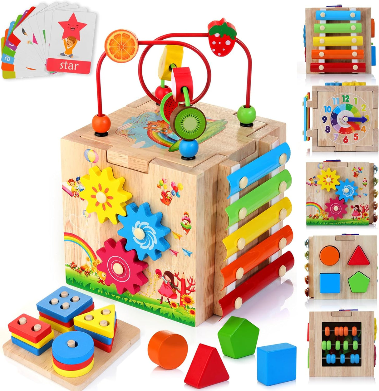 HELLOWOOD Wooden Activity Cube Baby Toys, 8-in-1 Montessori Educational Toy Set, Bead Maze Shape Sorter Abacus Xylophone Words & Clock Learning, STEM Toys for Boys Girls Toddlers Age 1 2 3.