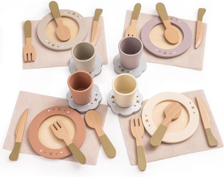 ROBUD Wooden Play Kitchen Dishes Set, 29PCS Kids Toy Plates and Cutlery for Pretend Play Food Kitchen Set, Toy Kitchen Accessories, Kids Toys Gifts for Girls Boys (4-Set).