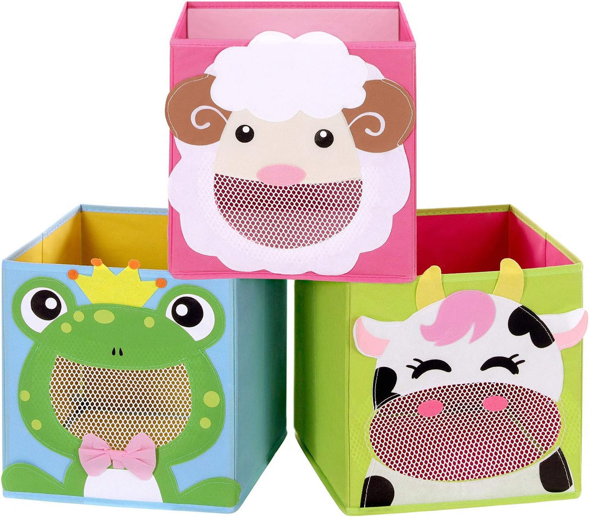 SONGMICS Storage Boxes, Set of 3, Toy Organisers, Foldable Storage Bins, Cubes, for Kid’s Room, Playroom, 27 x 27 x 27 cm, Animal Theme, Blue, Green and Pink RFB01PG.