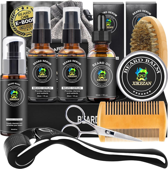 Beard Growth Kit w/Beard Wash,2 Pack Beard Serum,Beard Oil,Beard Balm,Comb,Brush,Scissor,Bag,EBook,Beard Care Grooming Kit Birthday Gifts for Men Him Dad Husband Brother.