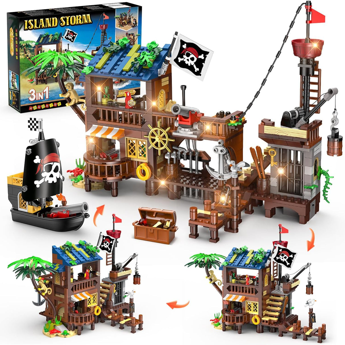 HOGOKIDS Pirate Ship Wharf Building Toy with LED Light - 781PCS Medieval Pirate's House Building Block Set, STEM Architecture Bricks Kit for Kids Girls Boys Ages 6 7 8 9 10 11 12+ Birthday Gift.