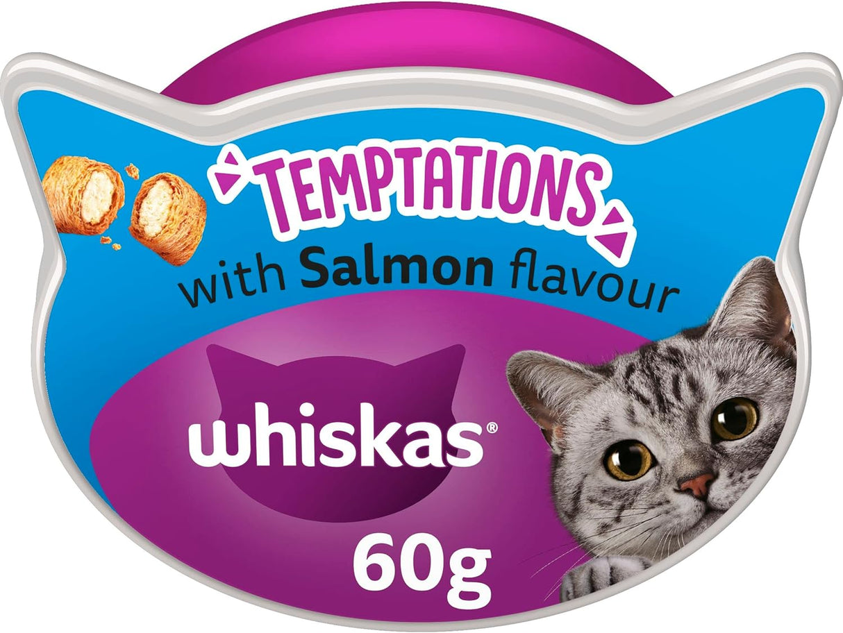 WHISKAS Temptations - Tasty, Crunchy Treats for Adult Cats, Small Bite Size Snacks with a Delicious Chicken and Cheese Filling, 4 x 180 g Packets - Pack May Vary