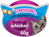 WHISKAS Temptations - Tasty, Crunchy Treats for Adult Cats, Small Bite Size Snacks with a Delicious Chicken and Cheese Filling, 4 x 180 g Packets - Pack May Vary