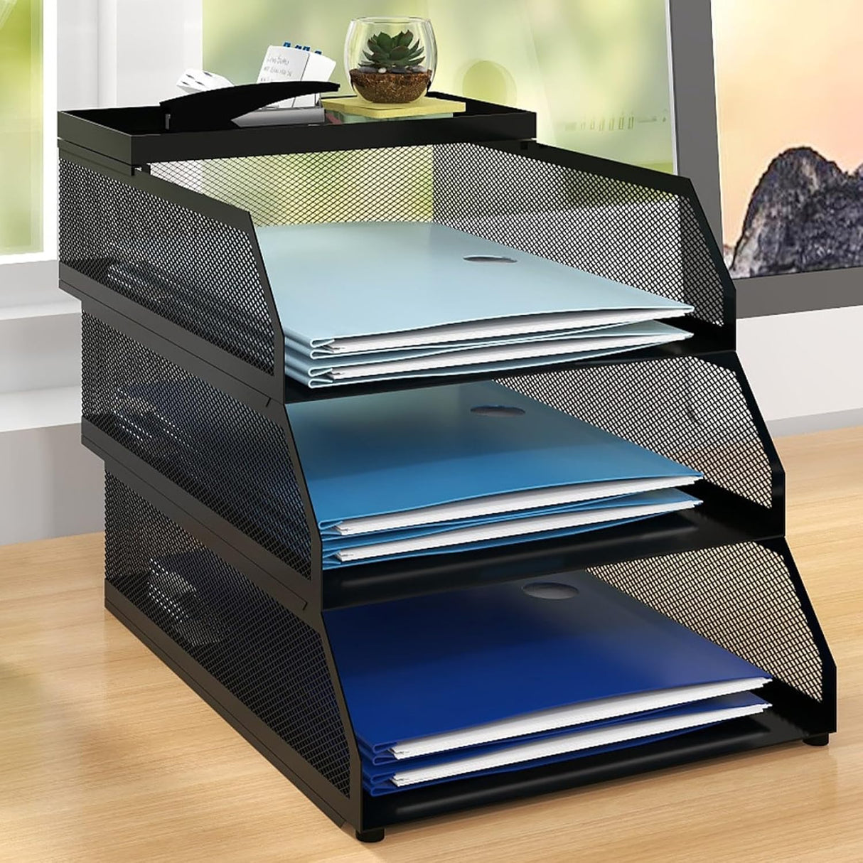 PUNCIA 4-Tier Stackable Desk Organiser A4 Filing Tray Metal Mesh Paper Storage Letter Tray White Magazine File Holder Desk Tidy Document Notebooks Sorter Rack for Home Office School Classroom