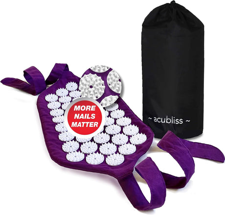 Acubliss Acupressure Mat Strap — 1,848 Nails, On-The-Go Acupuncture Mat — Back Support Belt Pain Relief & Zone Therapy — Christmas Gifts for Women and Men, Stocking Fillers, Bag, 42 x 20 cm, Purple.