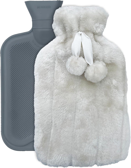 CRYOPAQ Luxury Hot Water Bottle with Cover UK - Large 2L Reusable Hot Water Bag Cute Pom Pom Soft Fluffy Cover - Multipurpose Hot Cold Compress Muscle Pain Relief Back Neck Shoulder Belly - Cream.