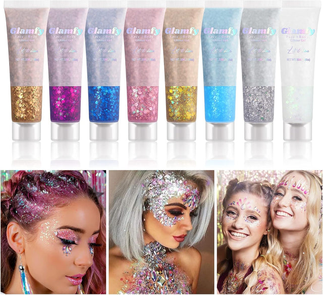 8 Color Body Glitter,Face Glitter Gel,Hair Glitter,Self Adhesive Glitter Gel,Chunky Glitter Festival Accessories,Cosmetic Glitter Makeup.