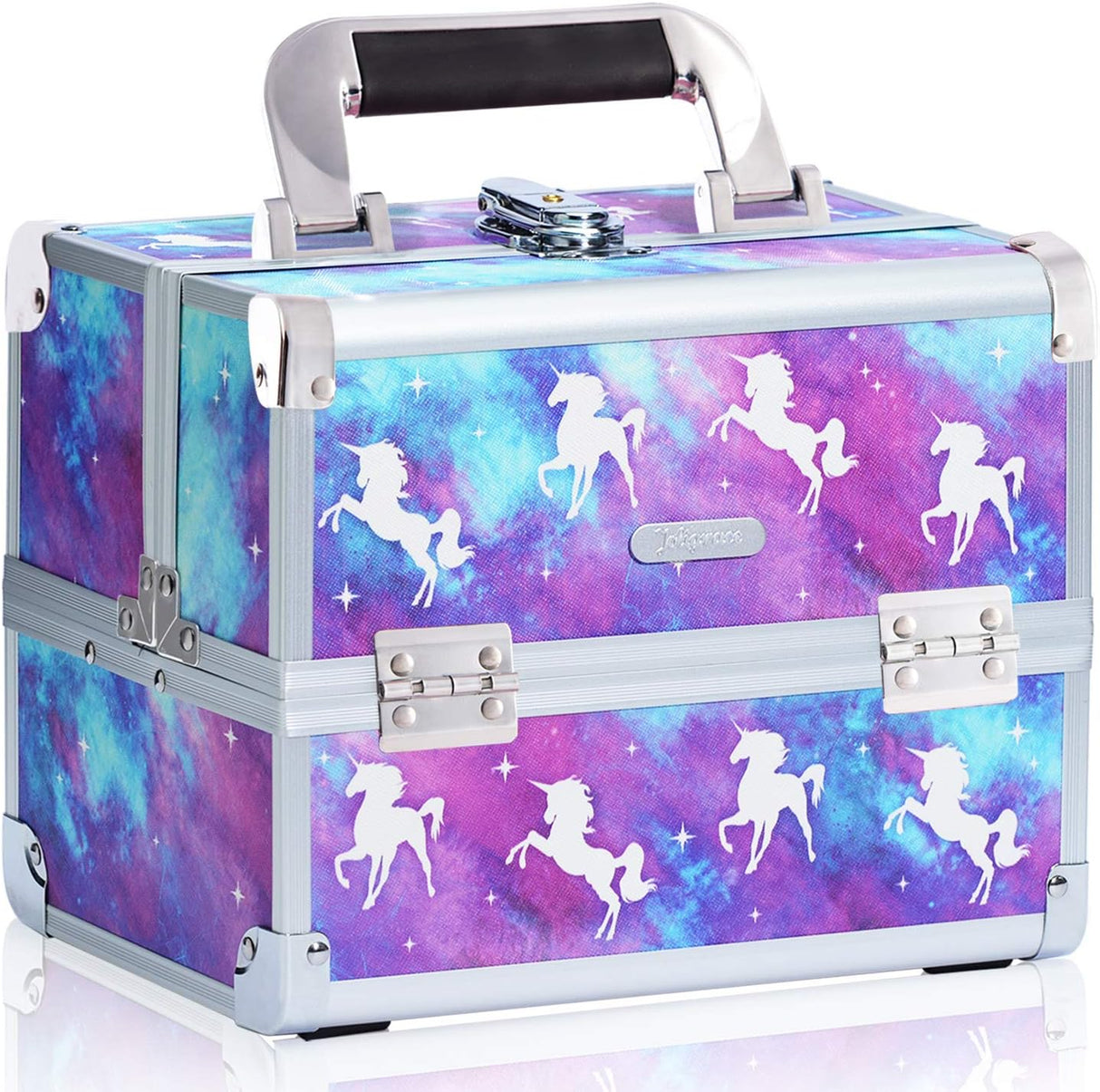 Joligrace Makeup Box Vanity Case Cosmetic Organiser Box Beauty Storage Train Case with Mirror, Lockable with Keys, Holographic Pink.