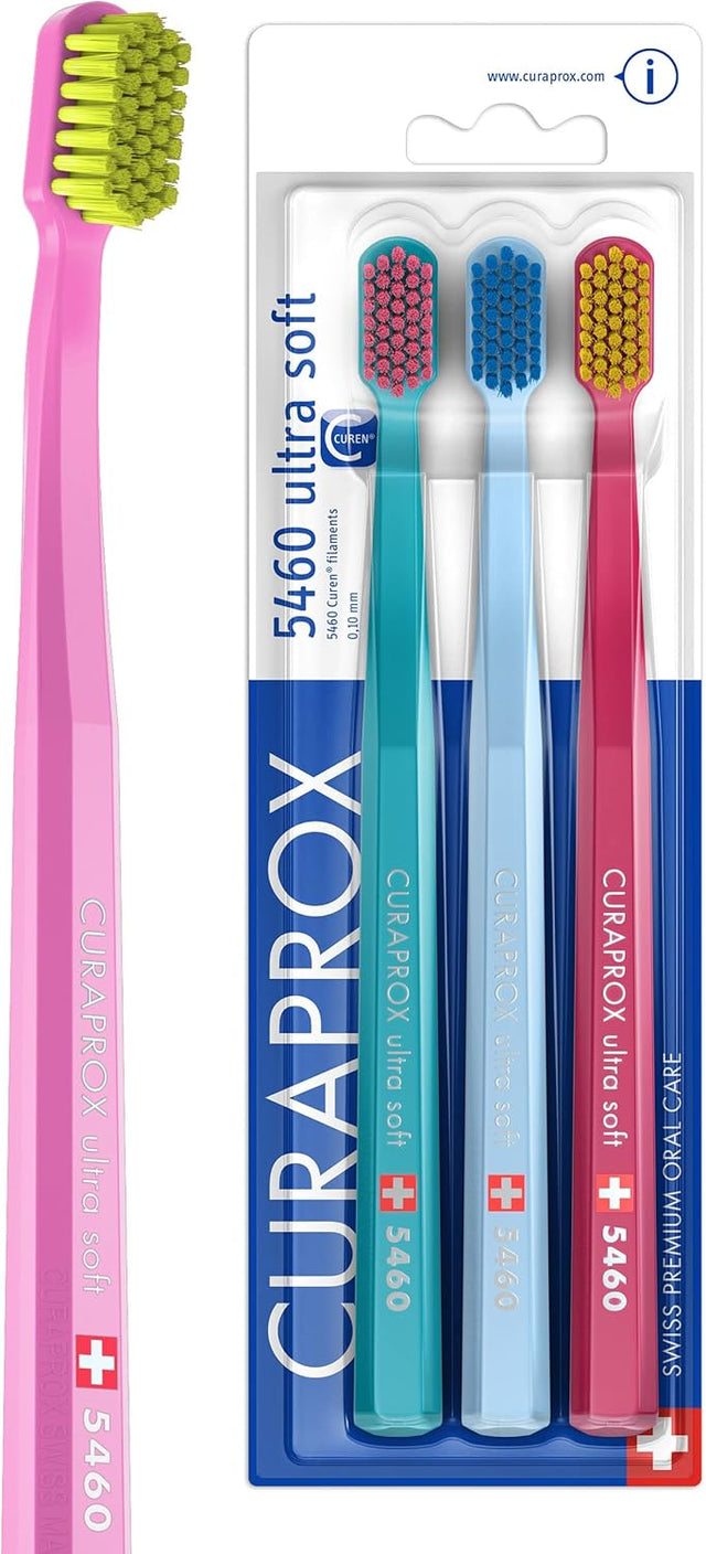 Curaprox Toothbrush Set CS 5460 - Pack of 3 Ultra Soft Manual Toothbrushes for Adults 5460 with Super Soft CUREN Bristles - Random Color.