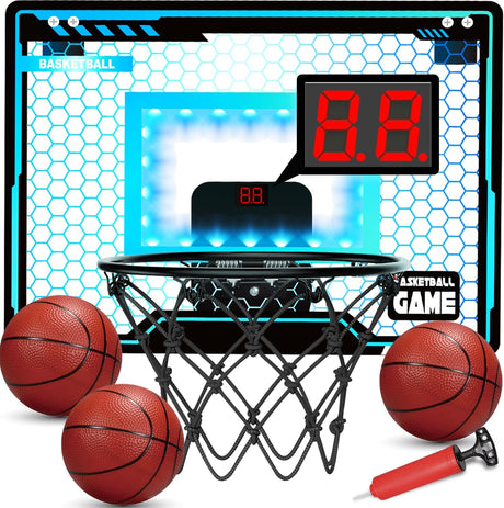 Basketball Hoop Indoor for Kids, Basketball Hoops Over The Door with LED Lighting, Mini Basketball Hoop with Scoreboard & 3 Balls, Basketball Toys Gifts for 5 6 7 8 9 10 11 12 Year Old Boys Girls.