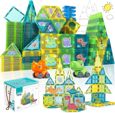 BUBUQE Magnetic Tiles Dinosaur Educational Magnet Tiles Building Block Toy Dino World Learning Construction Magnetic Toys Set for Boys Girls Kids Age 3 4 5 6 7 8.