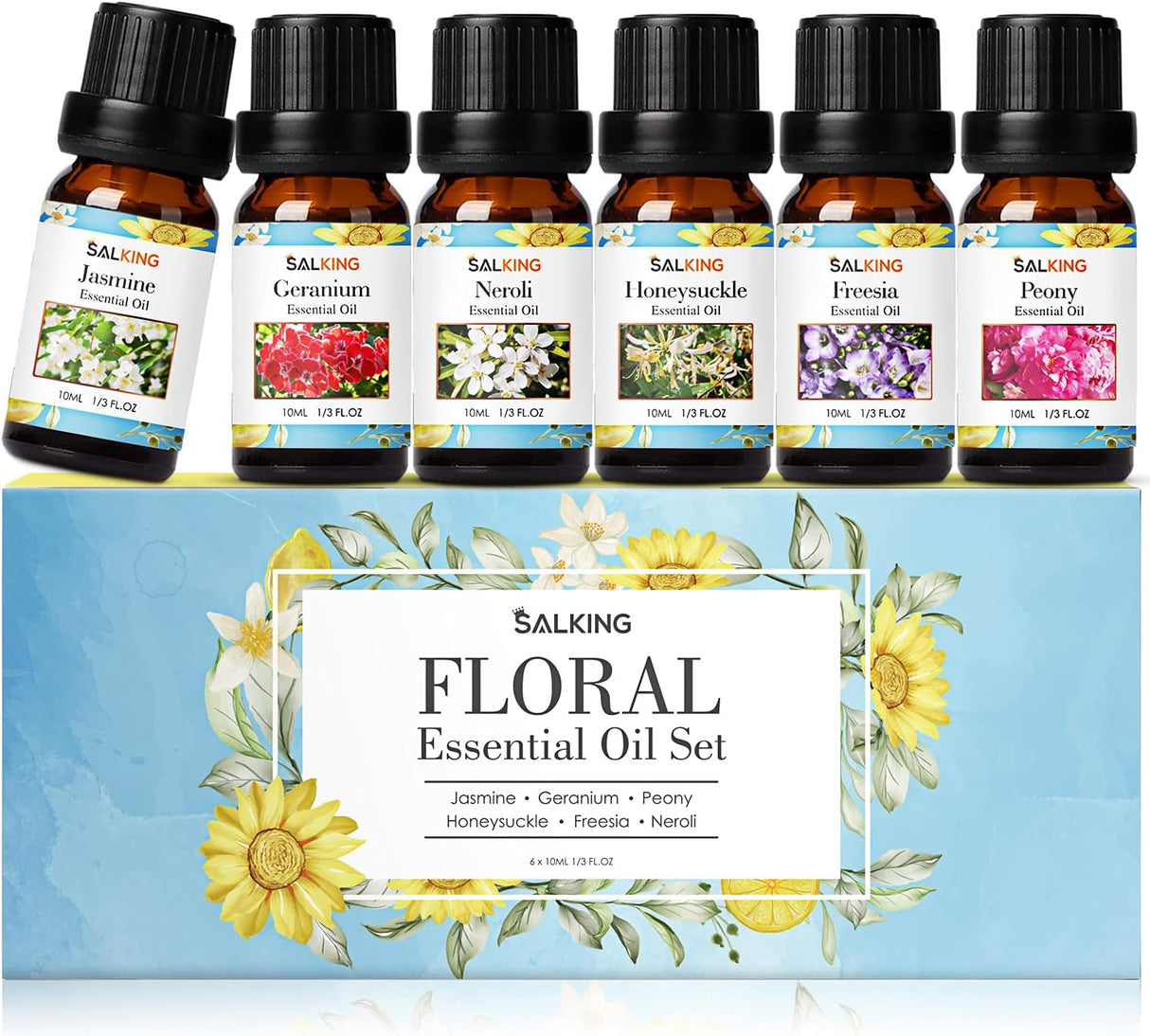 Essential Oils Gift Set, SALKING 100% Pure Aromatherapy Therapeutic Grade Scented Oils for Oil Diffusers,6 x 10 ml(Lavender, Rose, Cherry Blossom,Ylang Ylang,Gardenia,Chamomile).