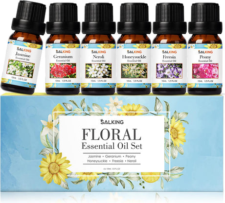 Essential Oils Gift Set, SALKING 100% Pure Aromatherapy Therapeutic Grade Scented Oils for Oil Diffusers,6 x 10 ml(Lavender, Rose, Cherry Blossom,Ylang Ylang,Gardenia,Chamomile).