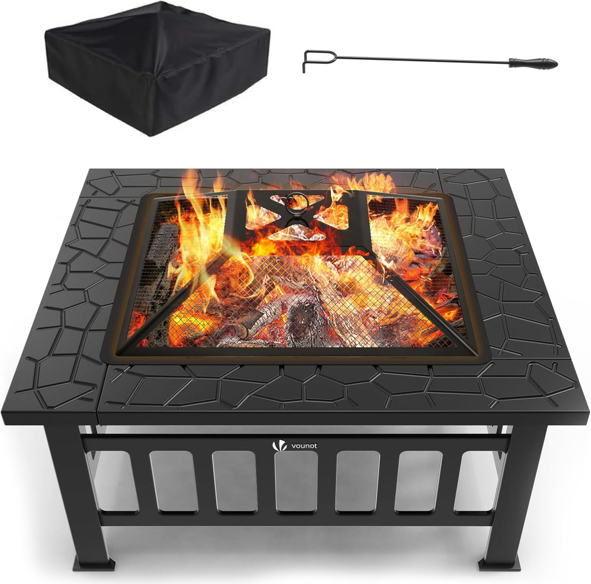 VOUNOT Fire Pit for Garden with Grill Grate and Poker, Outdoor Patio Heater Charcoal Log Wood Burner, Fire Bowl for Bonfire, Picnic, Camping, Diameter 60 cm