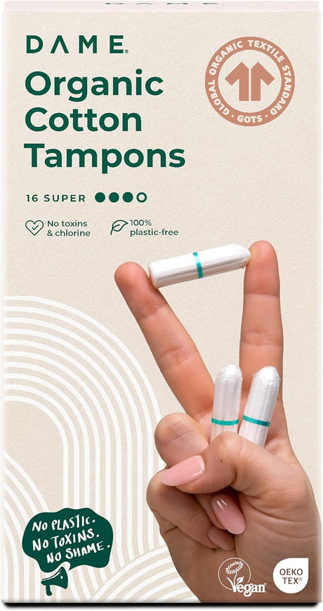 DAME, Toxin-Free Tampons, 100 Super Tampons, 100% Organic Cotton, Plastic-Free, Biodegradable & Hypoallergenic Tampons, No Harsh Chemicals, Buy Bulk Tampons.