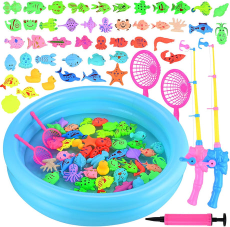 GOLDGE Magnetic Fishing Toys, 52 PCS Fishing Game Set for Kids with Inflatable Pool, 2 Pole Rods, 2 Nets, 46 Plastic Floating Fish and Mini Inflator, Toddler Educational Bath Toy Play Set.