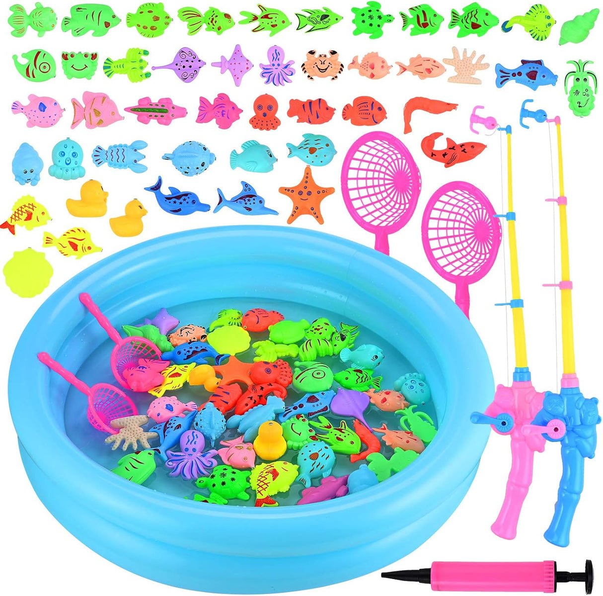 GOLDGE Magnetic Fishing Toys, 52 PCS Fishing Game Set for Kids with Inflatable Pool, 2 Pole Rods, 2 Nets, 46 Plastic Floating Fish and Mini Inflator, Toddler Educational Bath Toy Play Set.