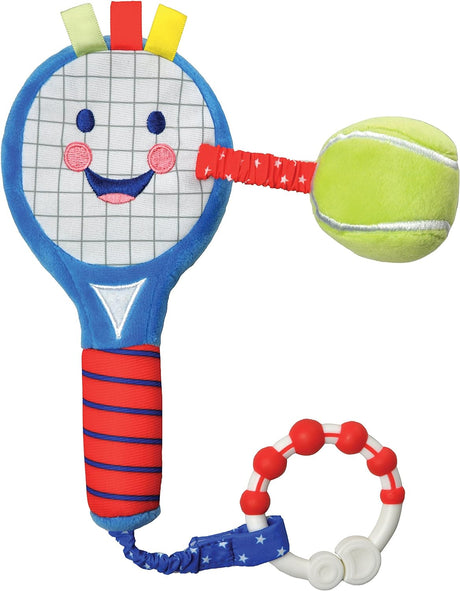 Baby Tennis Racket and Ball | Clip-on-Toy | Suitable from Birth | On the Go or at Home | Squeaks, Rattles, Crunches - Sporty Sensory Toy | A Baby Gift | the Little Sport Star Toy Collection.