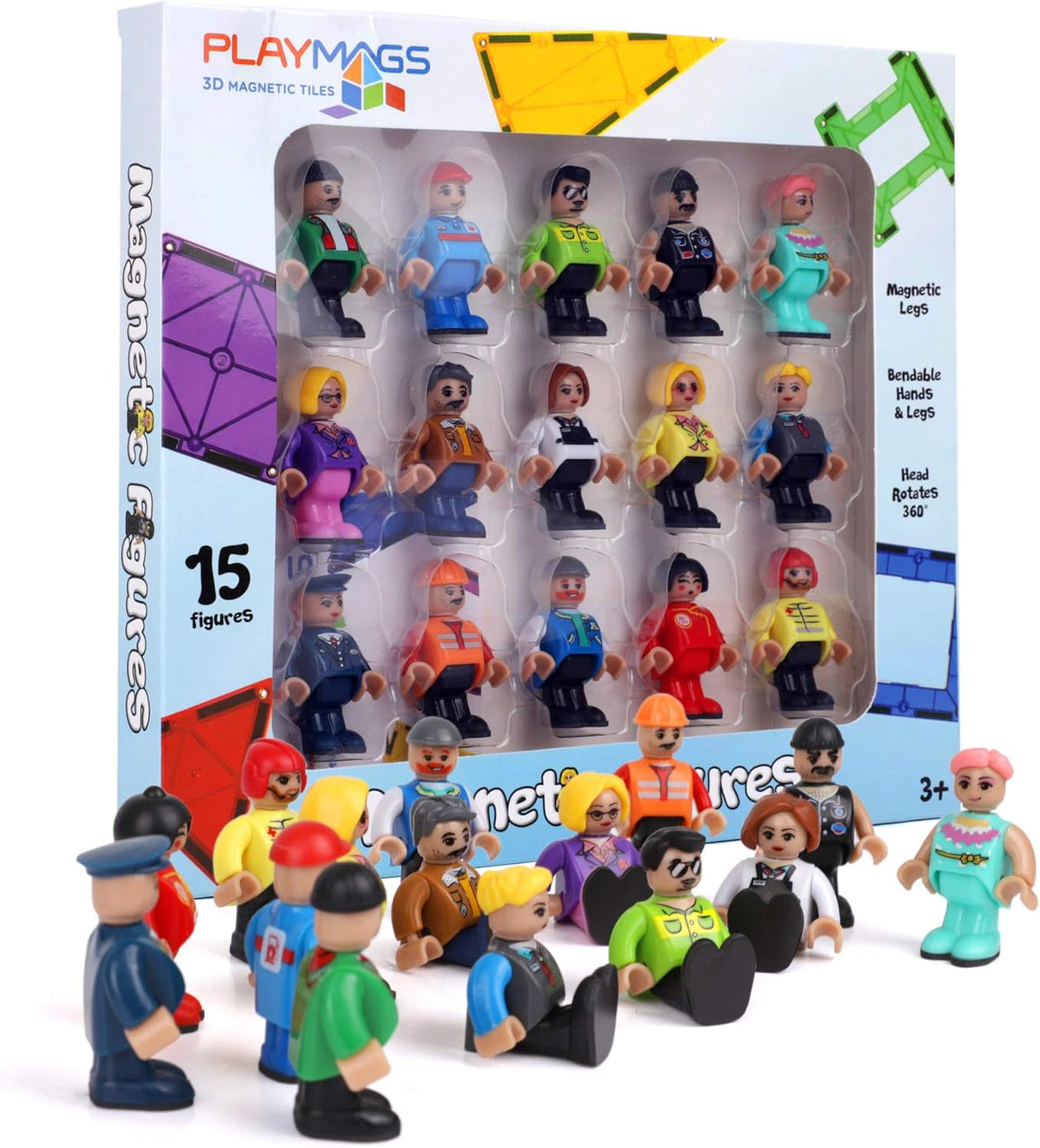 Playmags Magnetic Figures-Community Figures Set of 15 Pieces - 2 inches Magnetic Figures - Play Magnetic Tiles - STEM Toys Children - Magnetic Tiles Expansion Pack - Compatible with Other Brands.