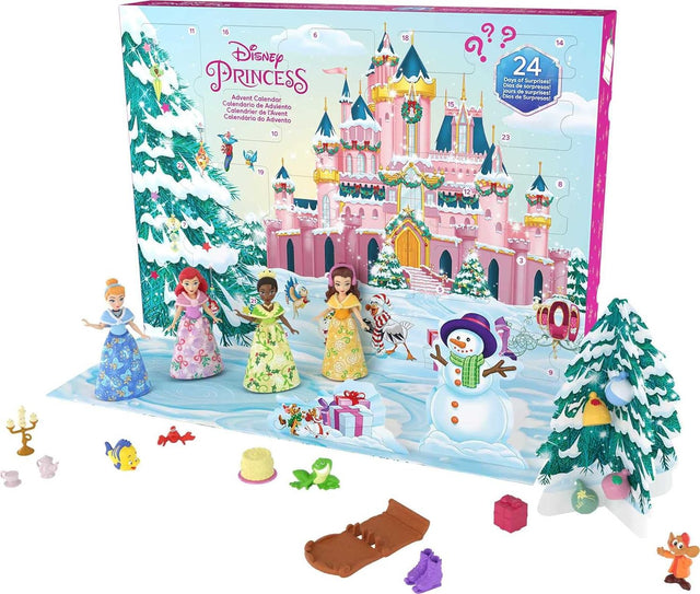 Mattel Disney Princess Toys, Advent Calendar with 24 Days of Surprises, Including 4 Princess Small Dolls, 5 Friends and 16 Accessories, Inspired by Disney Movies, HLX06.