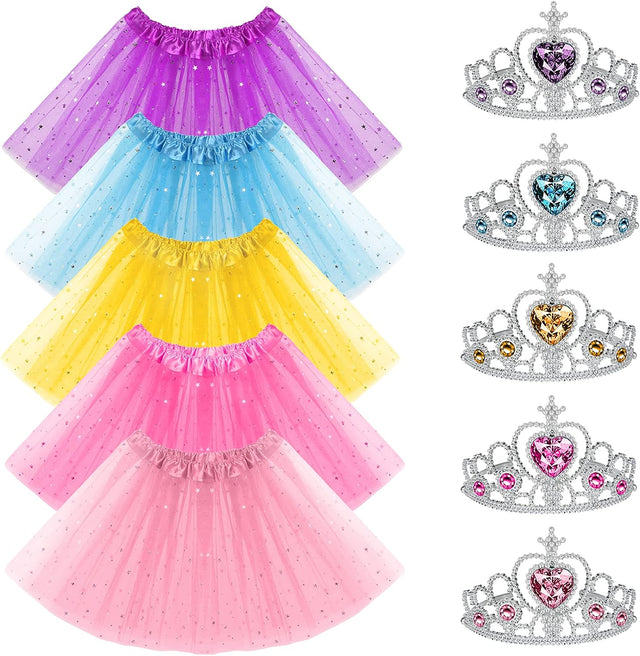 URAQT Princess Skirt, 5 Set Princess Ballet Tutu Skirts with 5 Princess Crowns, Sparkle Sequin 3 Layered Kids Tulle Summer Skirt Fancy Dress Up for 3-8 Years Girls Christmas Birthday Party Cosplay.