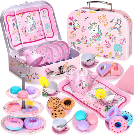 Auney 36 PCS Tea Set Toys for Girls,Tin Unicorn Toys Tea Party Pretend Play for Little Girls,Kids Real Littles for Tea Time with Tea Filter Bags and Lemon Slices,13 PCS Dessert Toys for Kids (Unicorn).