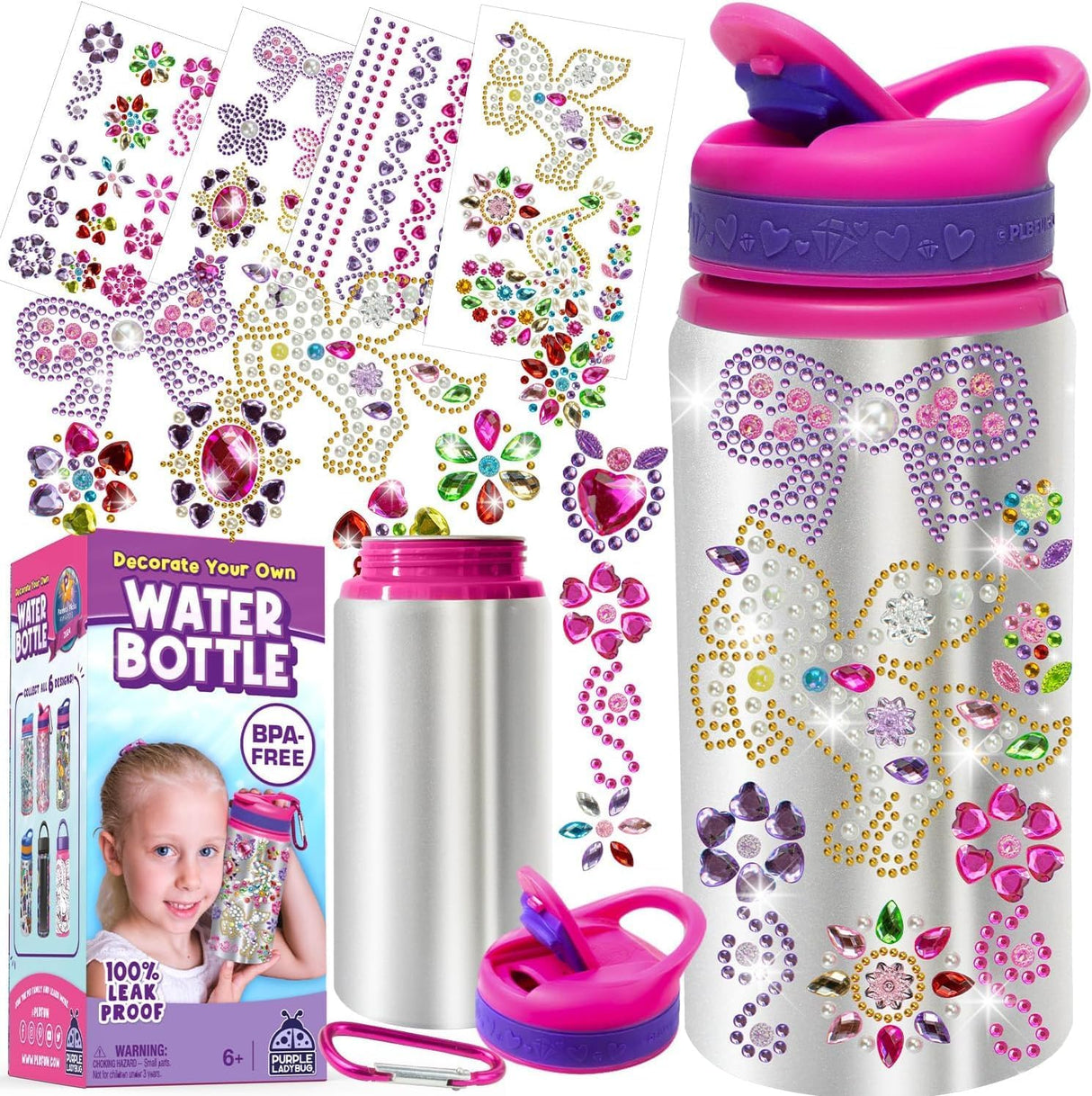 PURPLE LADYBUG Decorate Your Own Water Bottle Craft Kits for Kids - Girls Birthday Presents for Age 6+ & Gifts for 10 Year Olds Girls - Arts and Crafts for Kids Age 6-12 & Great 8 Year Old Girl Gifts.