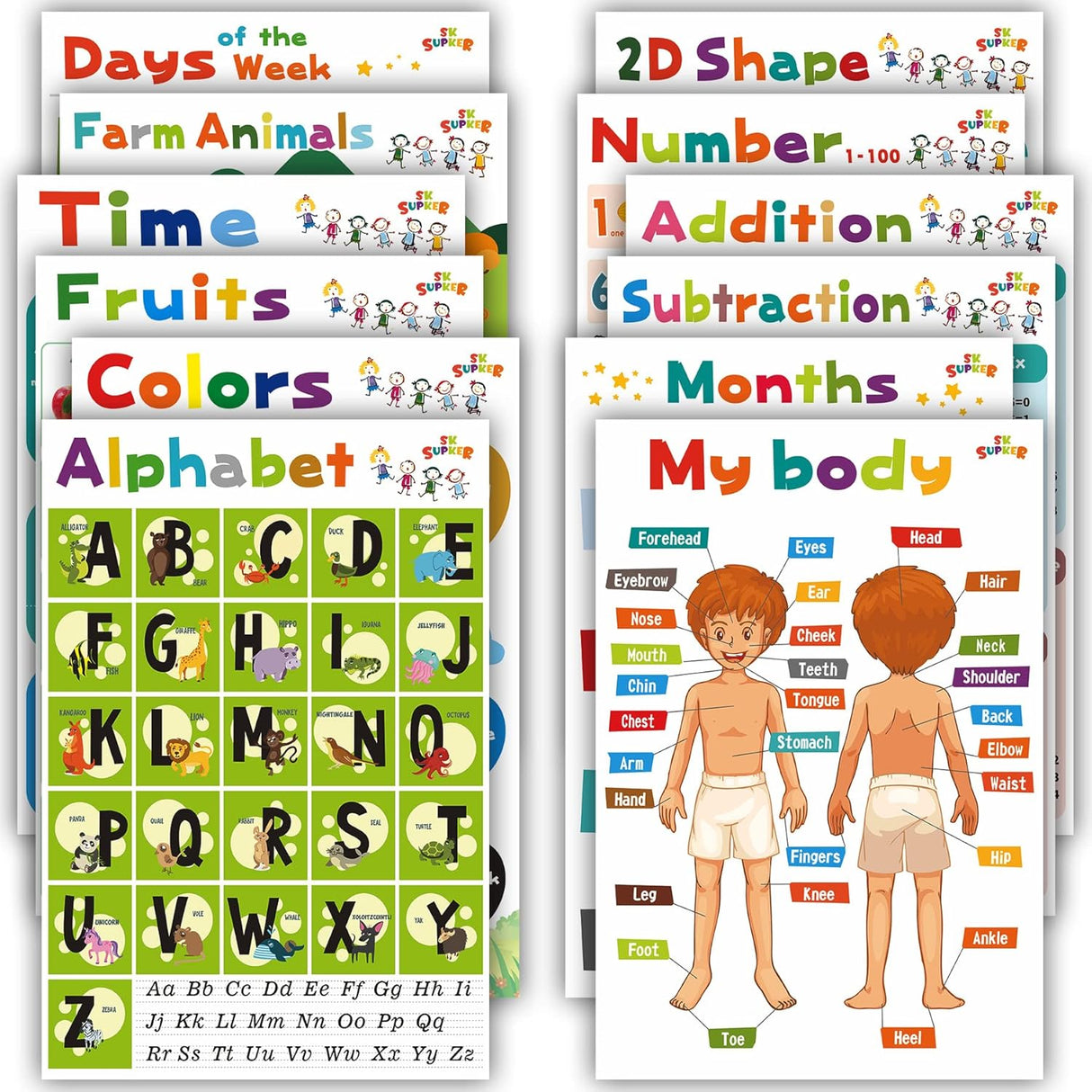 SK SUPKER 12 Toddlers Educational Learning Posters, Classroom Wall Decorations Preschool Teaching Posters for Baby Kids, Nursery Homeschool Kindergarten Playroom Learing Supplies 17x11inch.